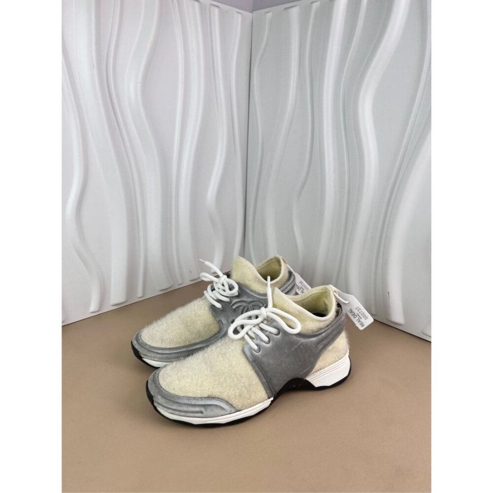 Chanel White & Gray Shearling Lace-Up Sneakers Womens Shoes